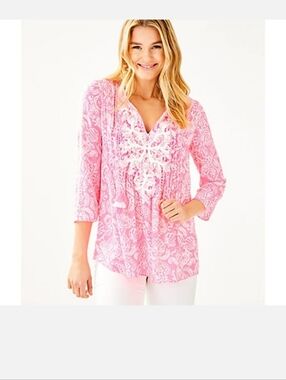 Lilly Pulizter Marilina Havanna Pink Claudia Embroidered Tunic Size Small